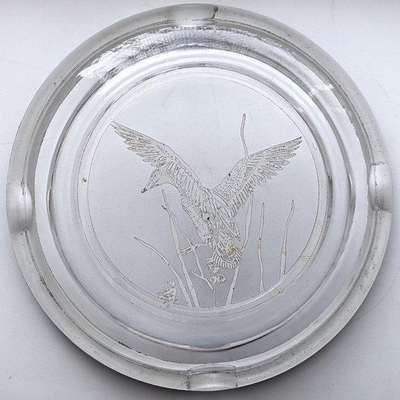 Vintage Silver City Glass Co. Sterling Silver Overlay On Crystal Ducks Ashtray - Picture 3 of 4